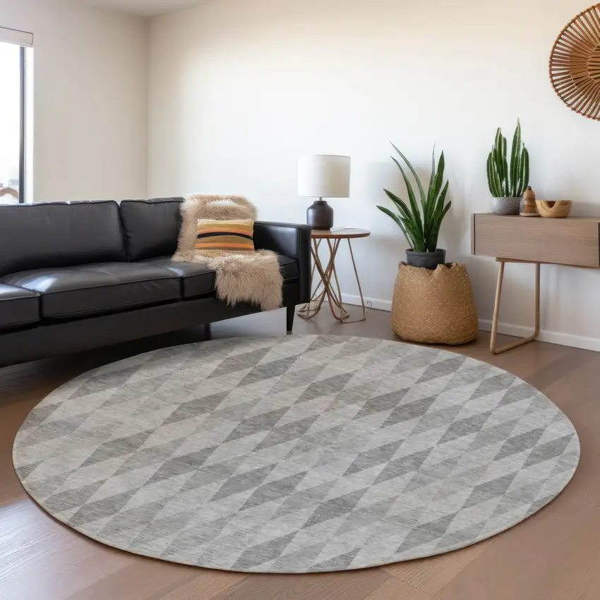 8' Gray And Ivory Geometric Washable Round Rug With UV Protection Photo 4