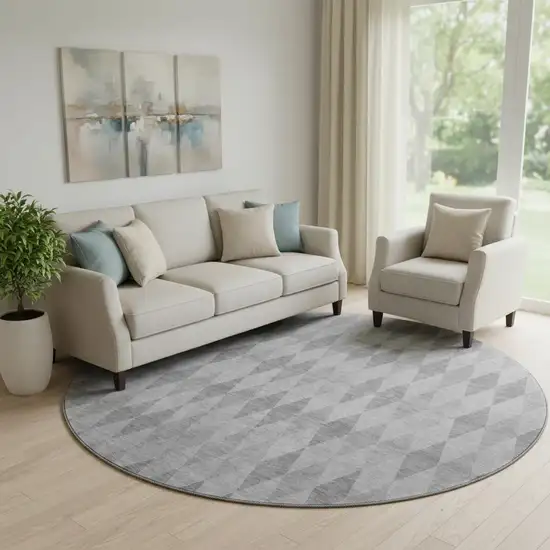 8' Gray And Ivory Geometric Washable Round Rug With UV Protection Photo 1