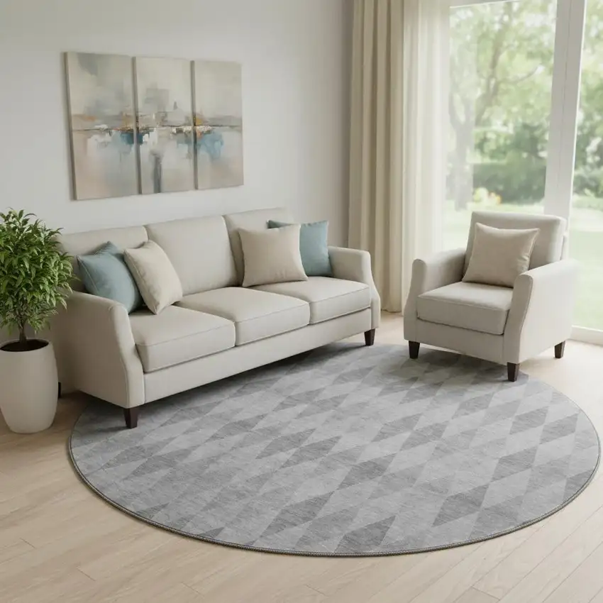 8' Gray And Ivory Geometric Washable Round Rug With UV Protection Photo 1