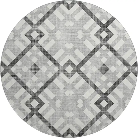 8' Gray And Ivory Geometric Washable Round Rug With UV Protection Photo 1