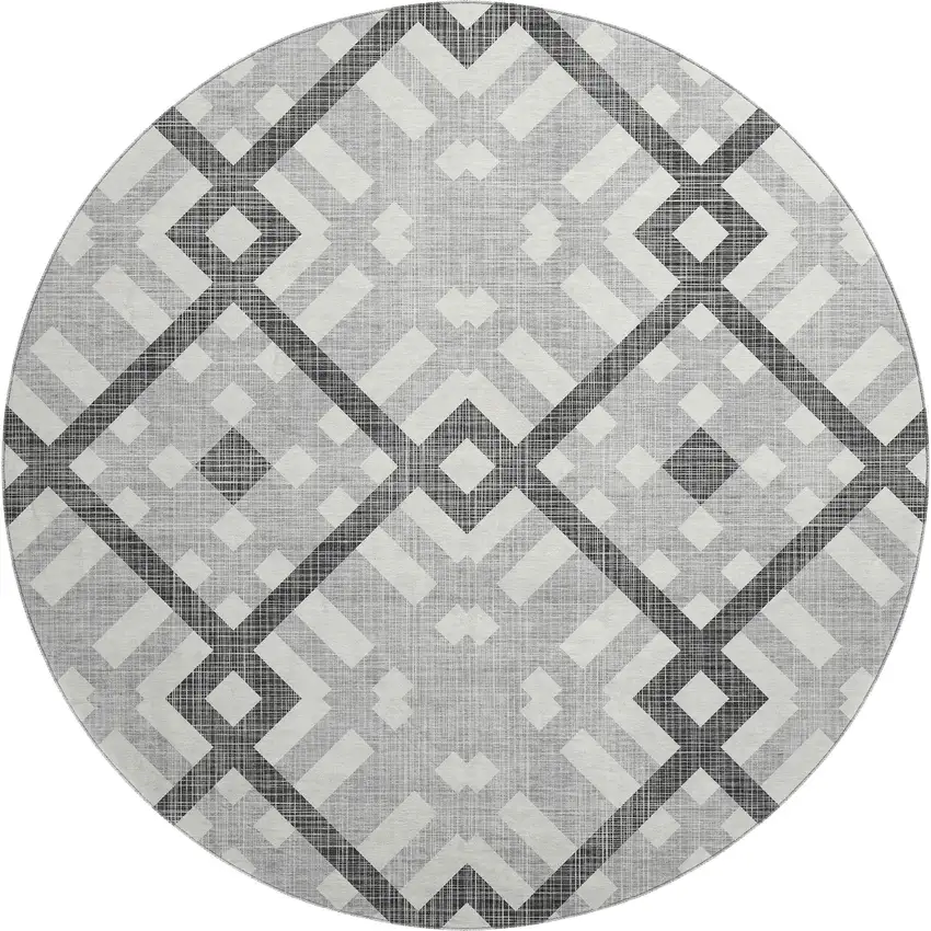 8' Gray And Ivory Geometric Washable Round Rug With UV Protection Photo 1