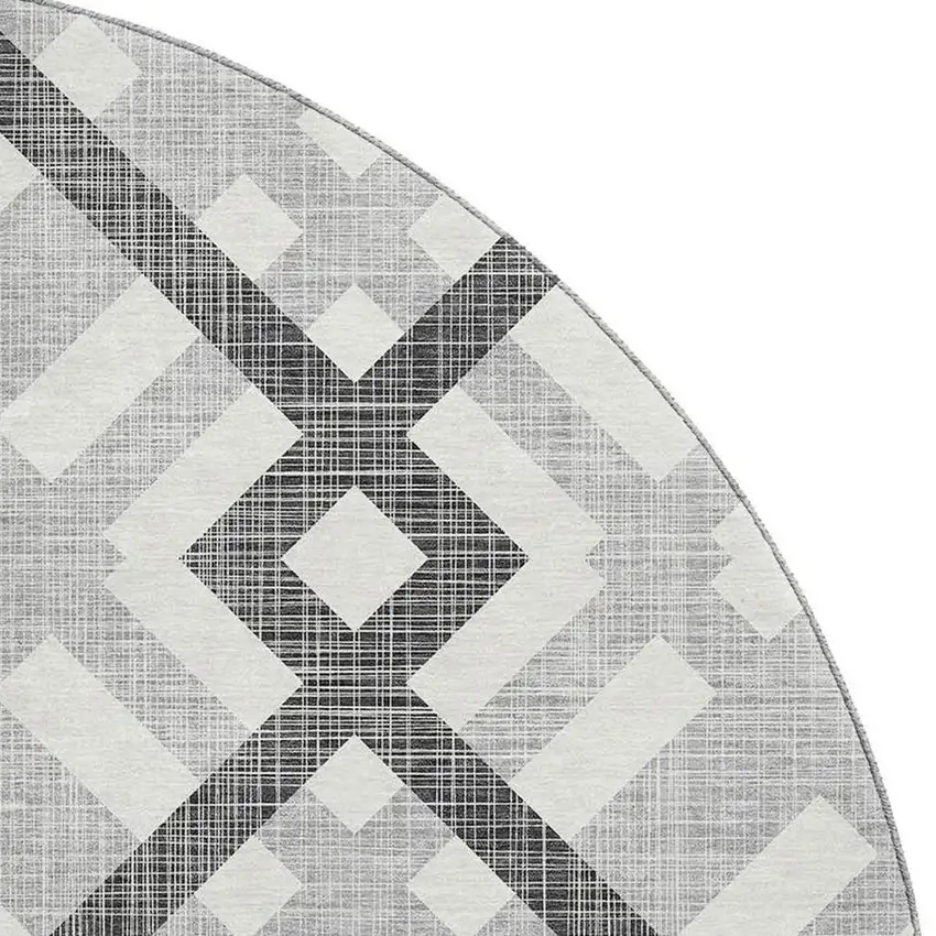 8' Gray And Ivory Geometric Washable Round Rug With UV Protection Photo 3