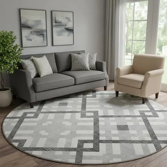 8' Gray And Ivory Geometric Washable Round Rug With UV Protection Photo 1