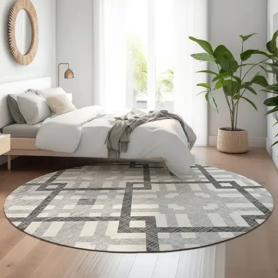8' Gray And Ivory Geometric Washable Round Rug With UV Protection Photo 4