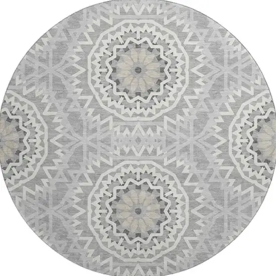 8' Gray And Ivory Geometric Washable Round Rug With UV Protection Photo 4