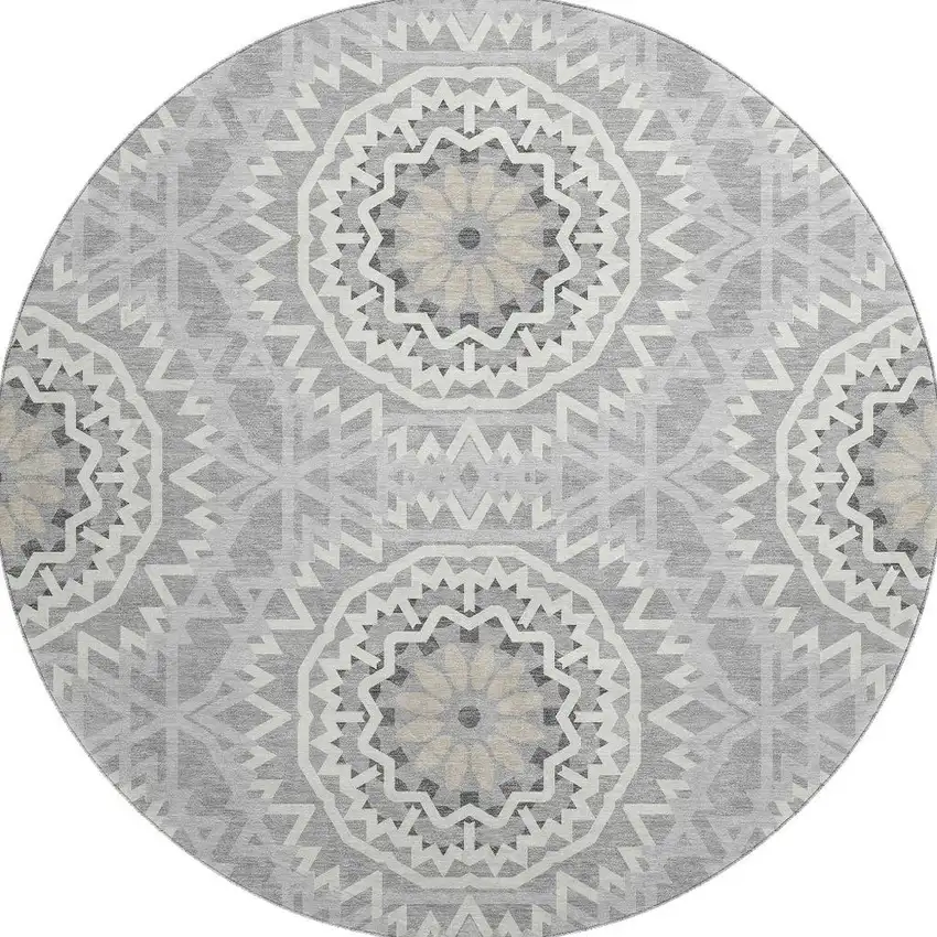 8' Gray And Ivory Geometric Washable Round Rug With UV Protection Photo 4