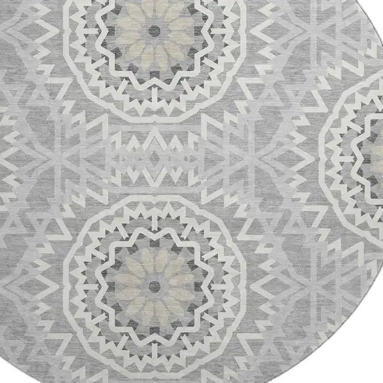 8' Gray And Ivory Geometric Washable Round Rug With UV Protection Photo 3