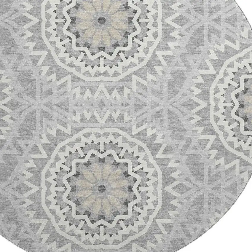 8' Gray And Ivory Geometric Washable Round Rug With UV Protection Photo 3