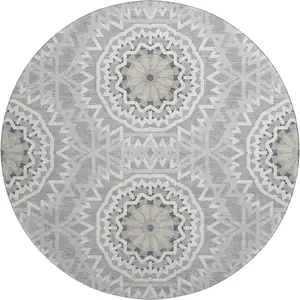 Photo of 8' Gray And Ivory Geometric Washable Round Rug With UV Protection