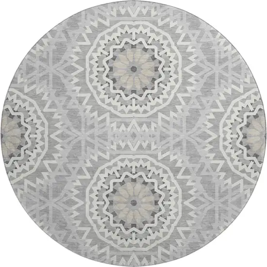 8' Gray And Ivory Geometric Washable Round Rug With UV Protection Photo 1