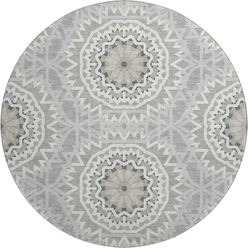 8' Gray And Ivory Geometric Washable Round Rug With UV Protection Photo 1