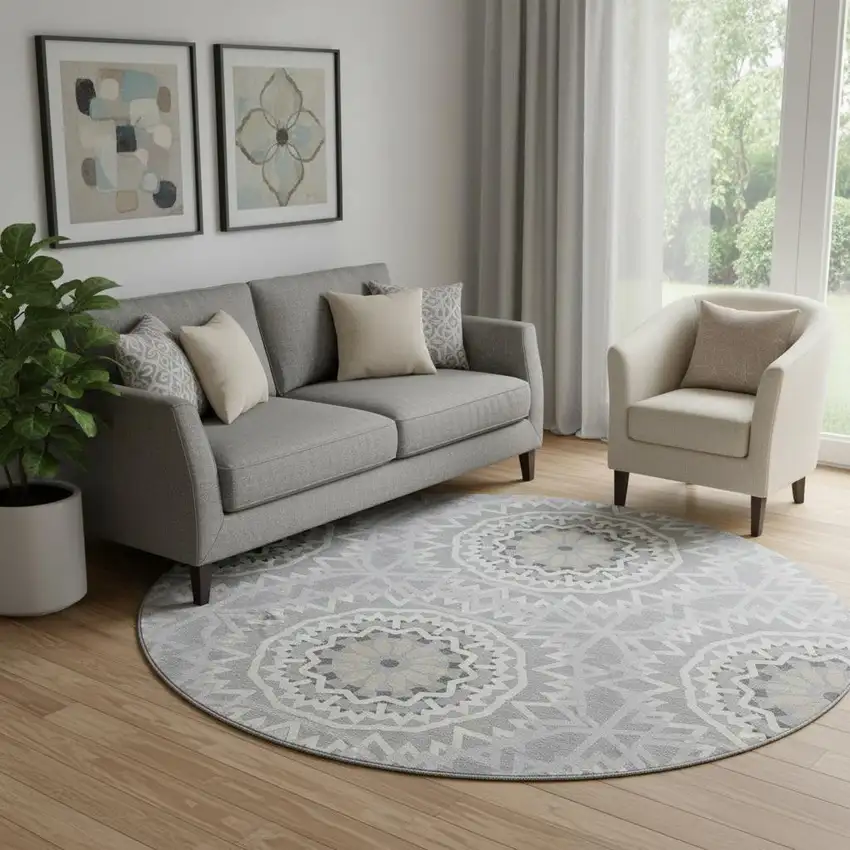 8' Gray And Ivory Geometric Washable Round Rug With UV Protection Photo 1