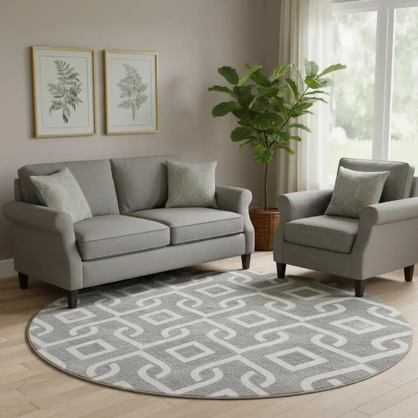 8' Gray And Ivory Geometric Washable Round Rug With UV Protection Photo 1