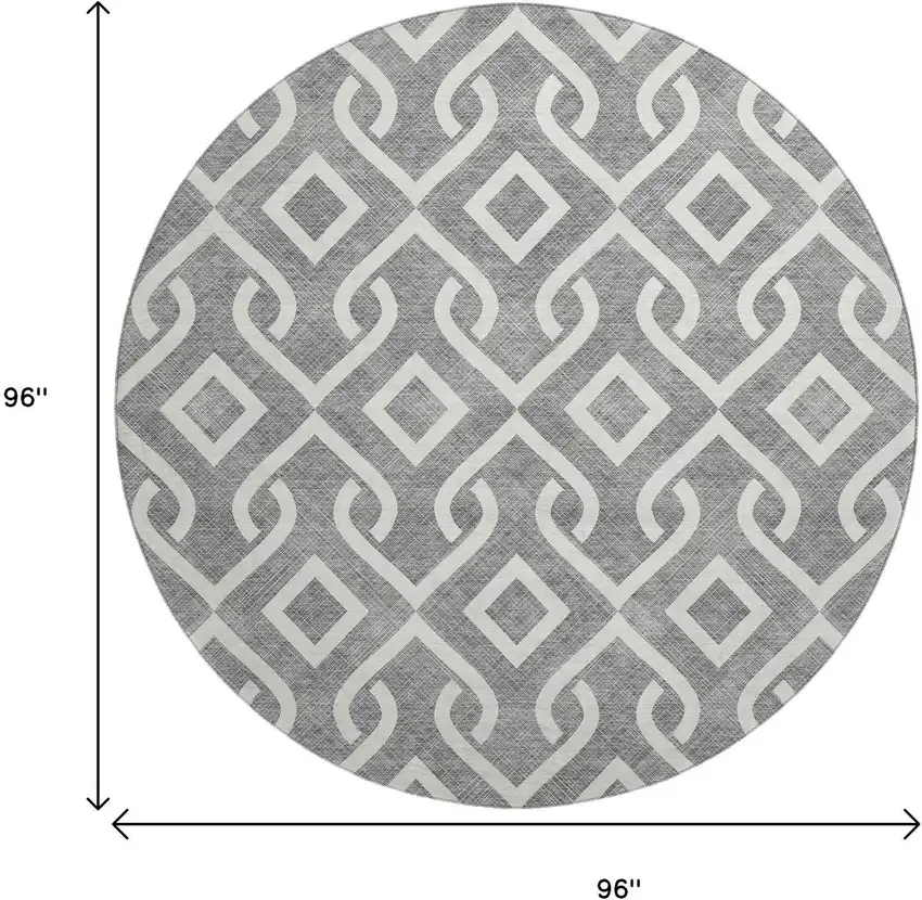 8' Gray And Ivory Geometric Washable Round Rug With UV Protection Photo 3