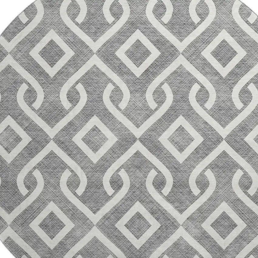 8' Gray And Ivory Geometric Washable Round Rug With UV Protection Photo 4