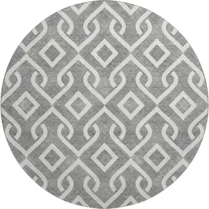 Photo of 8' Gray And Ivory Geometric Washable Round Rug With UV Protection