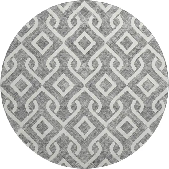 8' Gray And Ivory Geometric Washable Round Rug With UV Protection Photo 1
