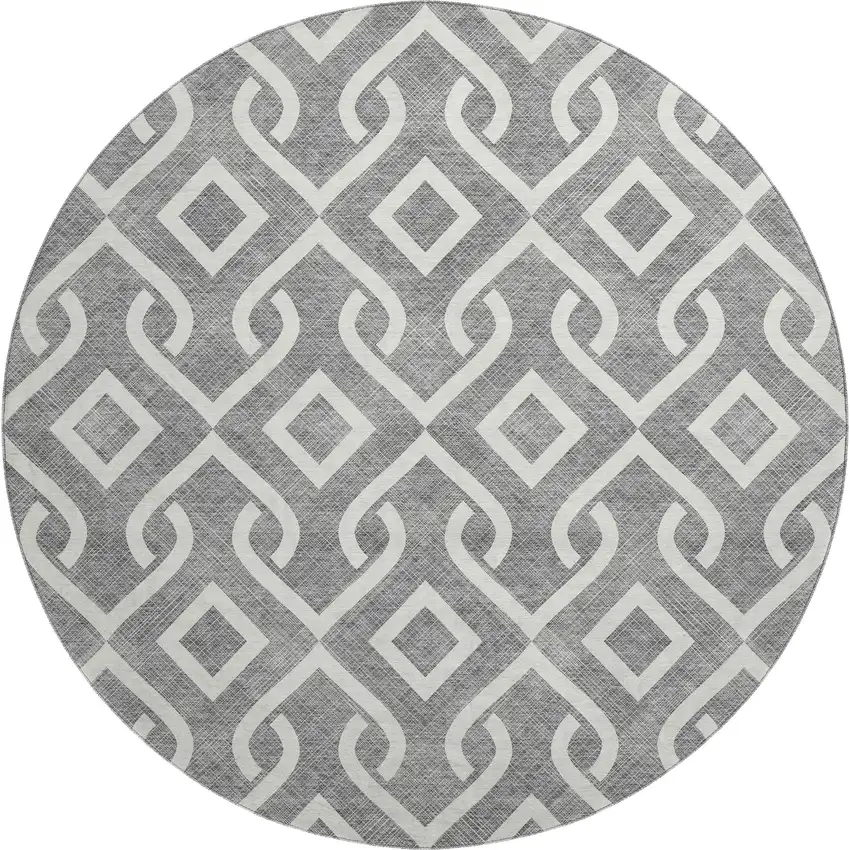 8' Gray And Ivory Geometric Washable Round Rug With UV Protection Photo 1