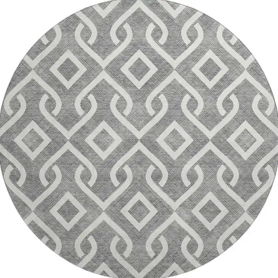 8' Gray And Ivory Geometric Washable Round Rug With UV Protection Photo 5