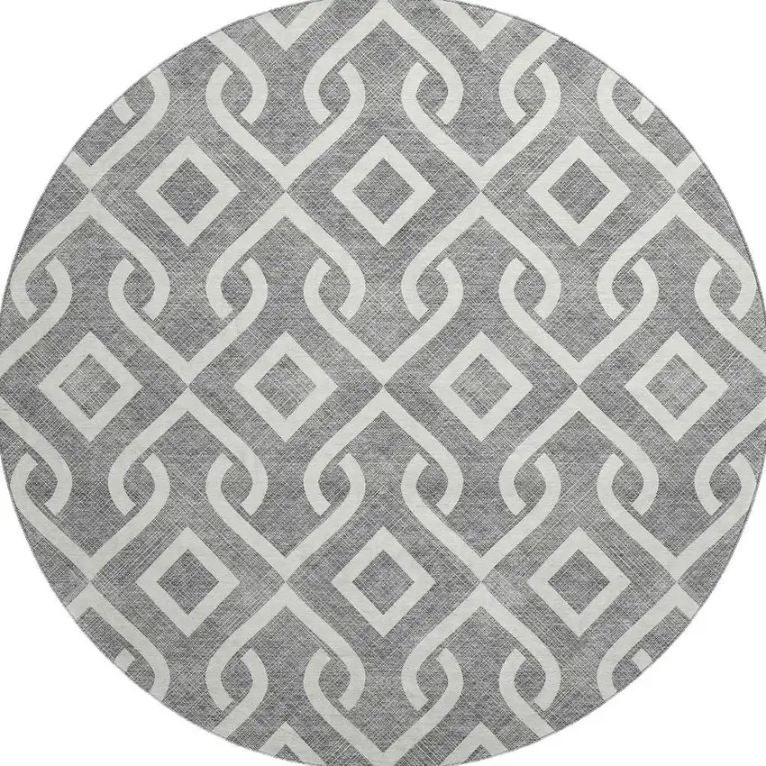 8' Gray And Ivory Geometric Washable Round Rug With UV Protection Photo 5