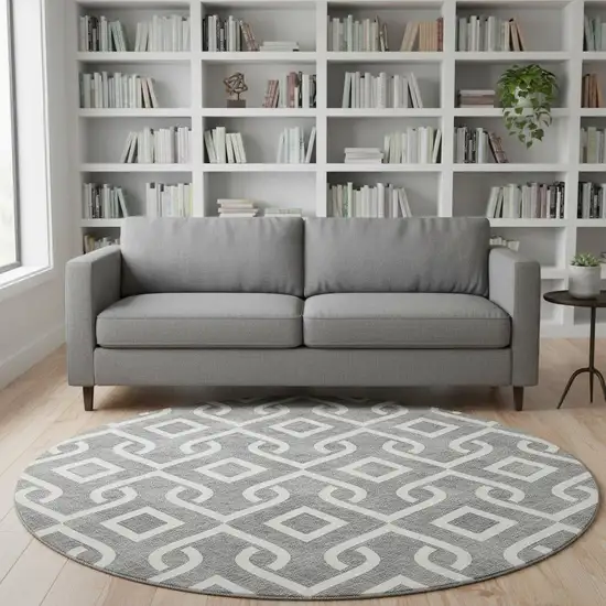 8' Gray And Ivory Geometric Washable Round Rug With UV Protection Photo 2