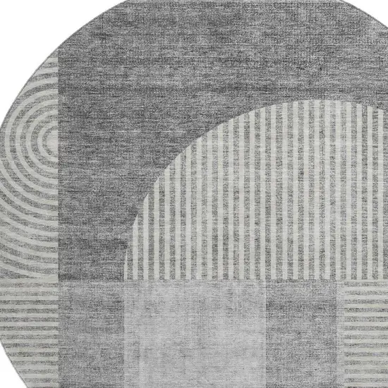 8' Gray And Ivory Geometric Washable Round Rug With UV Protection Photo 2