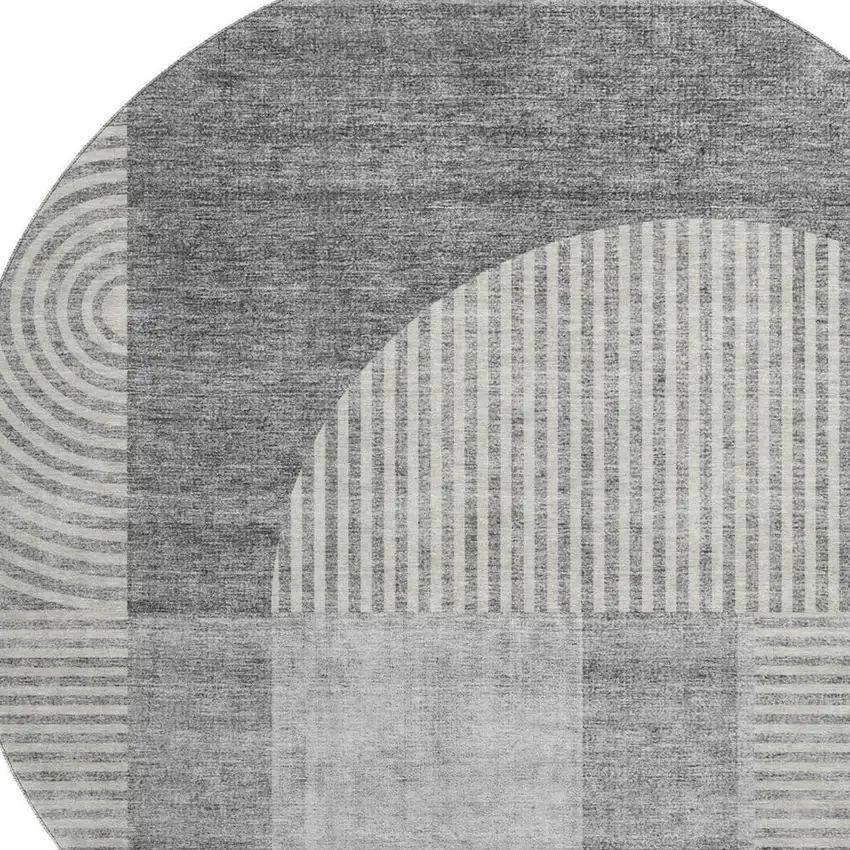 8' Gray And Ivory Geometric Washable Round Rug With UV Protection Photo 2