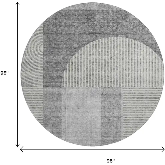 8' Gray And Ivory Geometric Washable Round Rug With UV Protection Photo 9