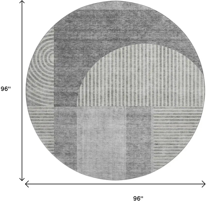 8' Gray And Ivory Geometric Washable Round Rug With UV Protection Photo 9