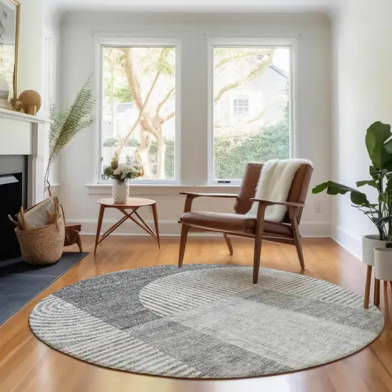 8' Gray And Ivory Geometric Washable Round Rug With UV Protection Photo 4