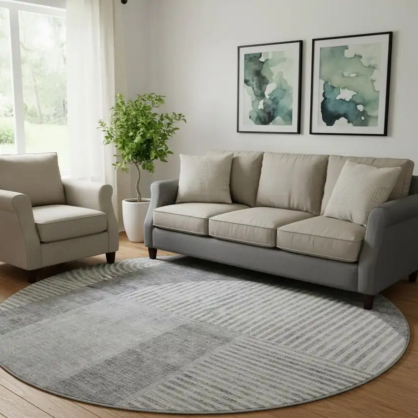 8' Gray And Ivory Geometric Washable Round Rug With UV Protection Photo 1