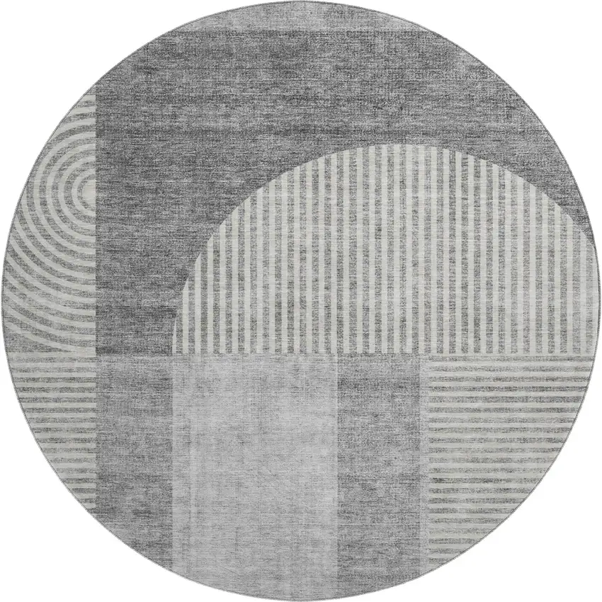 8' Gray And Ivory Geometric Washable Round Rug With UV Protection Photo 1