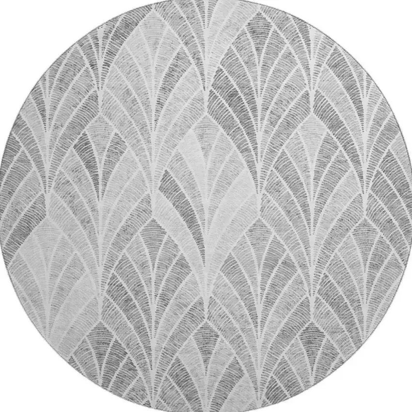 8' Gray And Ivory Geometric Washable Round Rug With UV Protection Photo 4