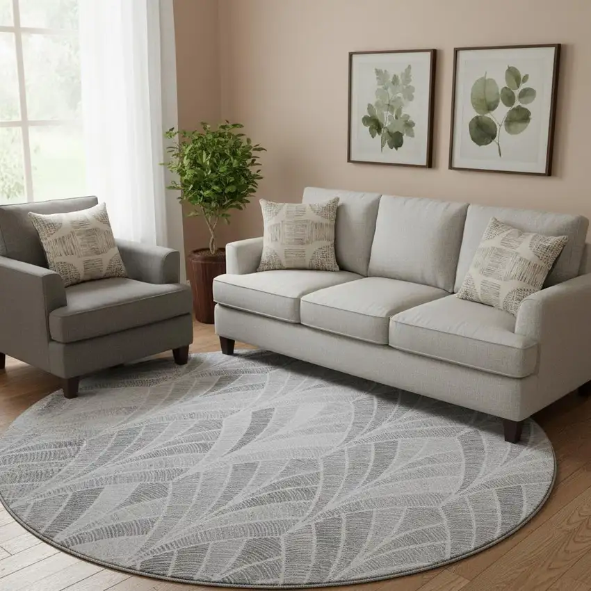 8' Gray And Ivory Geometric Washable Round Rug With UV Protection Photo 1