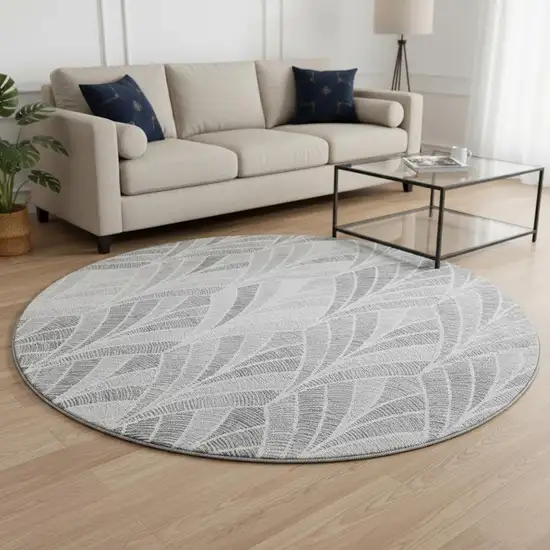 8' Gray And Ivory Geometric Washable Round Rug With UV Protection Photo 2