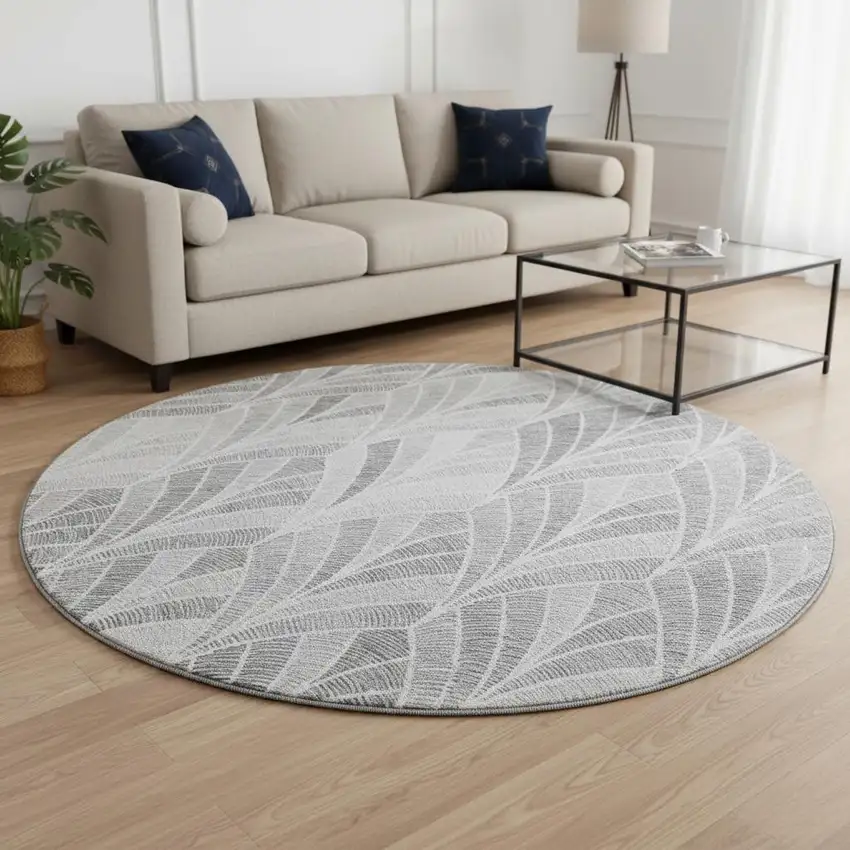 8' Gray And Ivory Geometric Washable Round Rug With UV Protection Photo 2