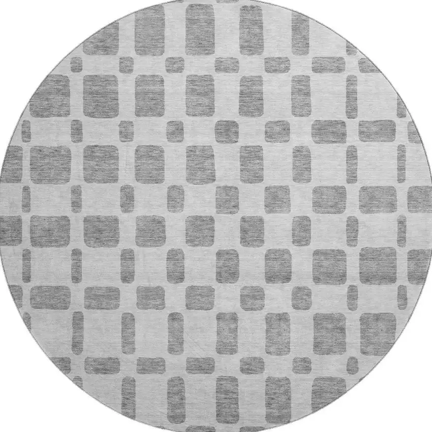 8' Gray And Ivory Geometric Washable Round Rug With UV Protection Photo 4