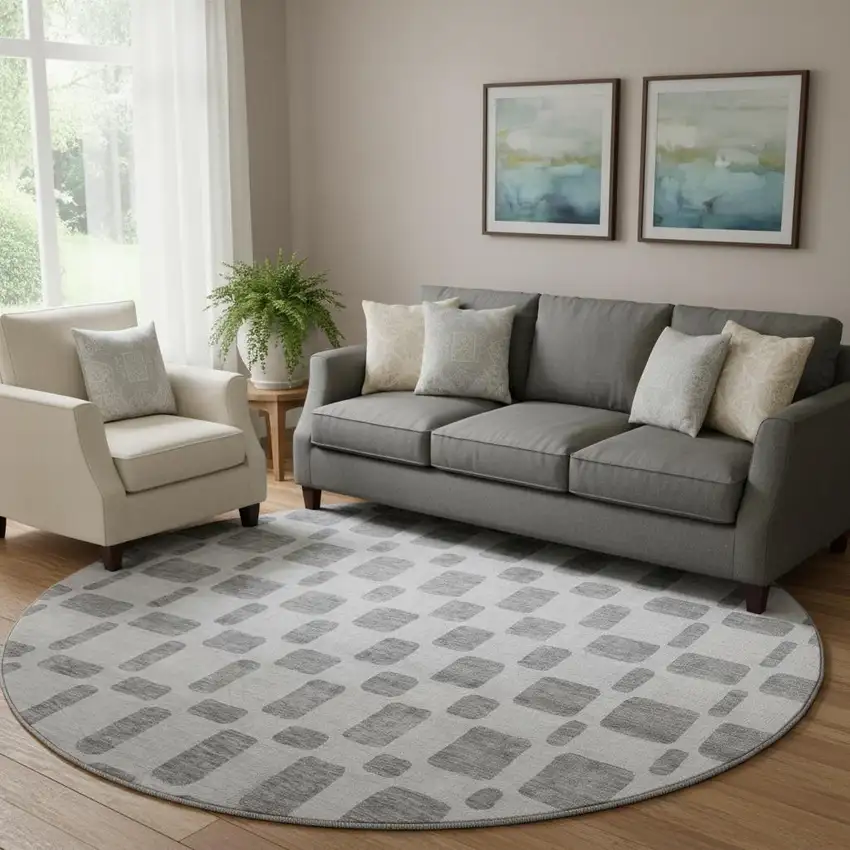 8' Gray And Ivory Geometric Washable Round Rug With UV Protection Photo 1