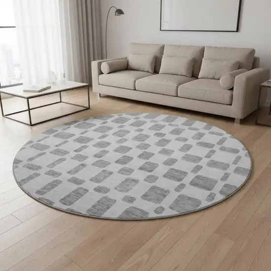 8' Gray And Ivory Geometric Washable Round Rug With UV Protection Photo 2