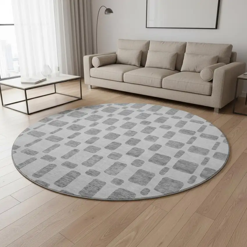 8' Gray And Ivory Geometric Washable Round Rug With UV Protection Photo 2