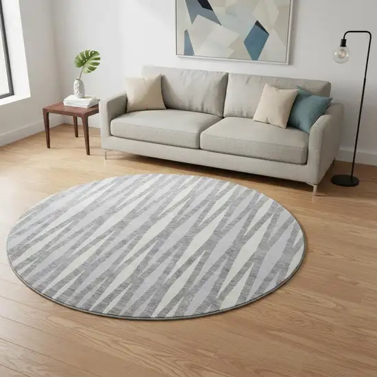 8' Gray And Ivory Geometric Washable Round Rug With UV Protection Photo 2