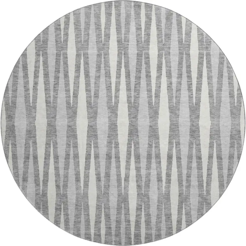 8' Gray And Ivory Geometric Washable Round Rug With UV Protection Photo 1