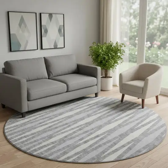 8' Gray And Ivory Geometric Washable Round Rug With UV Protection Photo 1