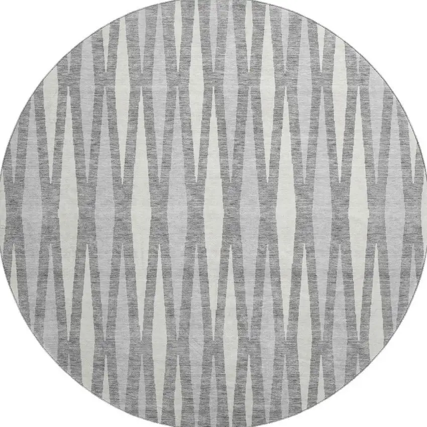8' Gray And Ivory Geometric Washable Round Rug With UV Protection Photo 4