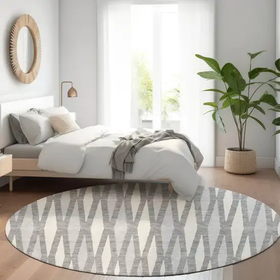 8' Gray And Ivory Geometric Washable Round Rug With UV Protection Photo 5