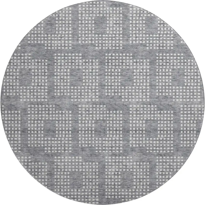 8' Gray And Ivory Geometric Washable Round Rug With UV Protection Photo 1