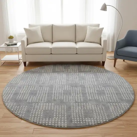 8' Gray And Ivory Geometric Washable Round Rug With UV Protection Photo 2