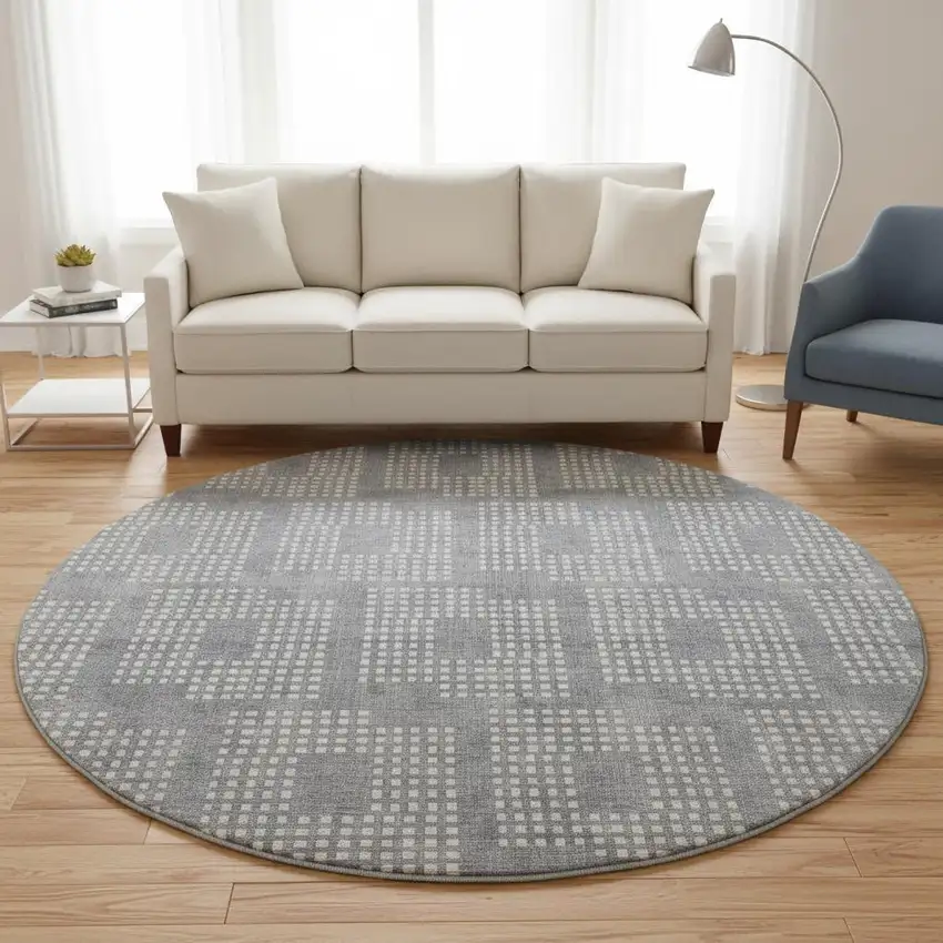 8' Gray And Ivory Geometric Washable Round Rug With UV Protection Photo 2
