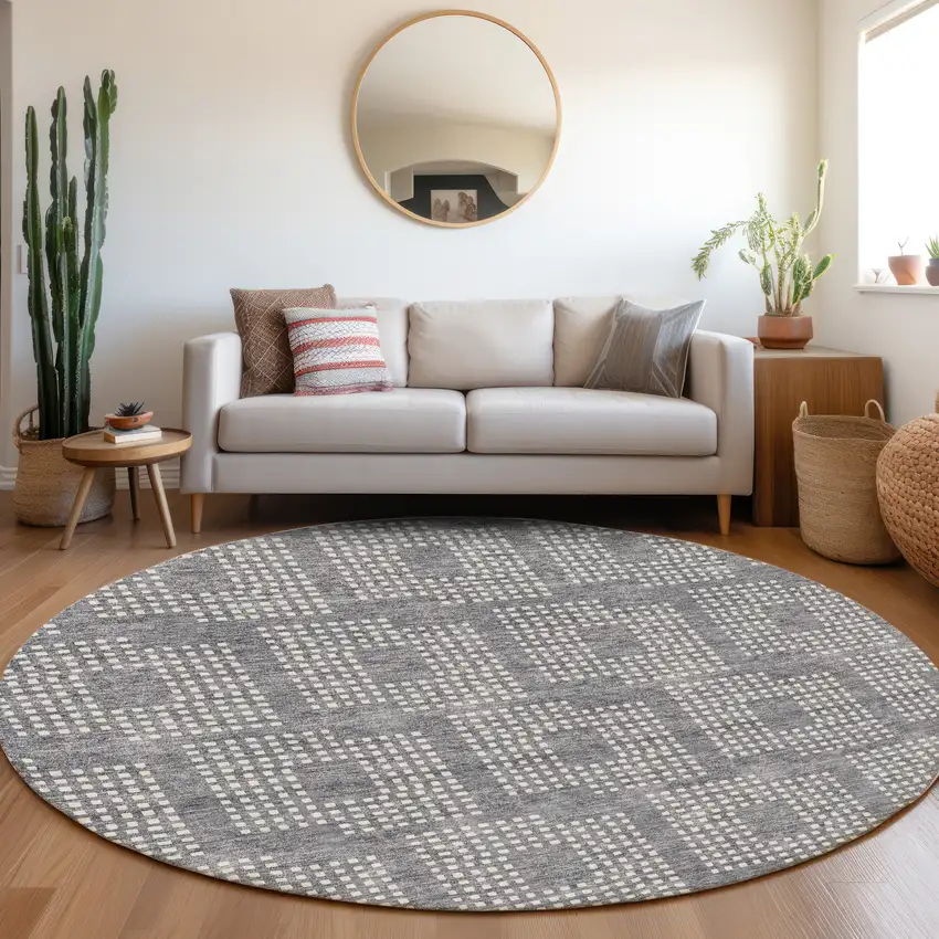 8' Gray And Ivory Geometric Washable Round Rug With UV Protection Photo 5