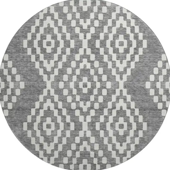 8' Gray And Ivory Geometric Washable Round Rug With UV Protection Photo 4